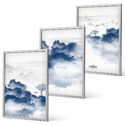 Set of 3 framed wall art pieces Mountains, clouds, trees, birds