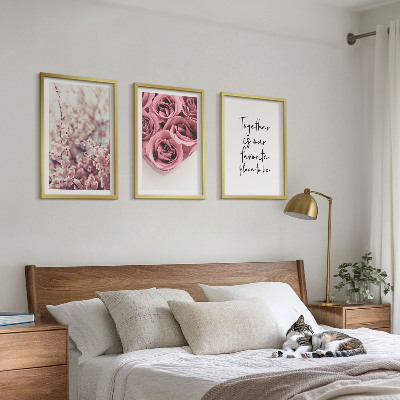 Set of 3 framed wall art pieces Flowers bouquets of roses with an inscription