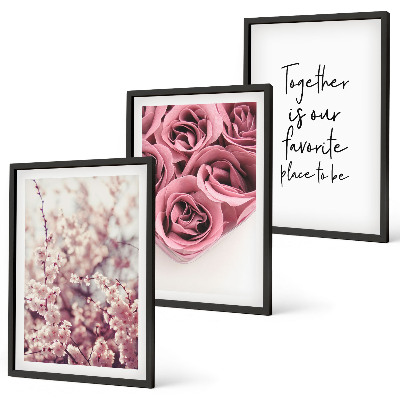 Set of 3 framed wall art pieces Flowers bouquets of roses with an inscription