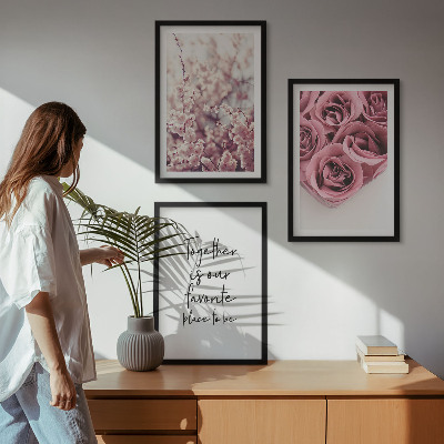 Set of 3 framed wall art pieces Flowers bouquets of roses with an inscription
