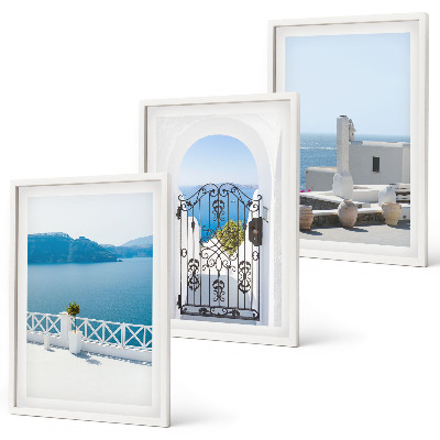 Set of 3 framed wall art pieces White Sea buildings Greece