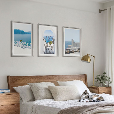 Set of 3 framed wall art pieces White Sea buildings Greece