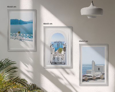 Set of 3 framed wall art pieces White Sea buildings Greece