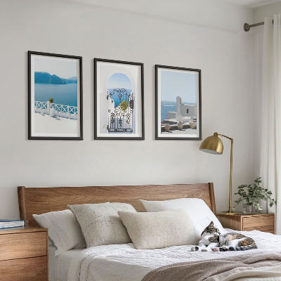 Set of 3 framed wall art pieces White Sea buildings Greece