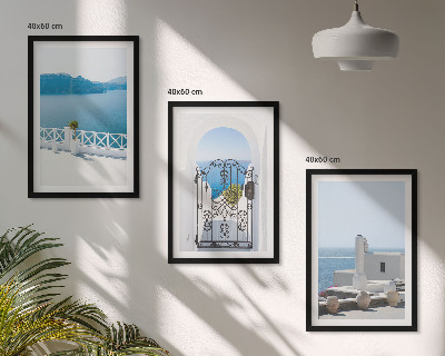 Set of 3 framed wall art pieces White Sea buildings Greece