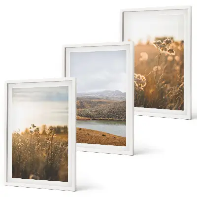 Three-piece landscape wall art meadows, mountains, and lake view