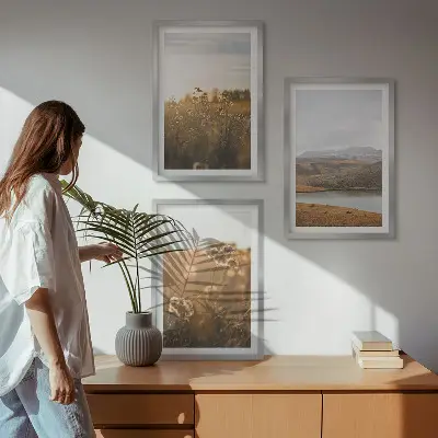 Three-piece landscape wall art meadows, mountains, and lake view