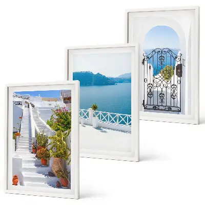 Three-piece wall art set featuring white stairs with plants and a sea gate