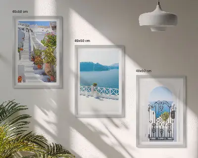 Three-piece wall art set featuring white stairs with plants and a sea gate