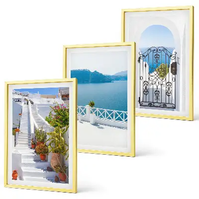 Three-piece wall art set featuring white stairs with plants and a sea gate