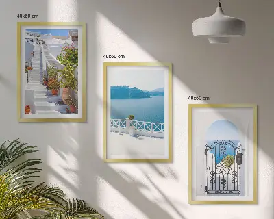 Three-piece wall art set featuring white stairs with plants and a sea gate