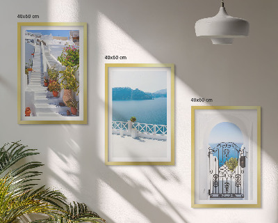Three-piece wall art piece White stairs plants sea gate