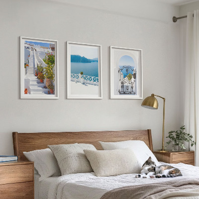 Three-piece wall art piece White stairs plants sea gate