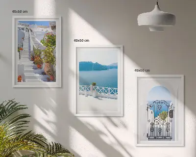 Three-piece wall art set featuring white stairs with plants and a sea gate