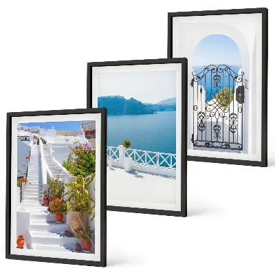 Three-piece wall art set featuring white stairs with plants and a sea gate