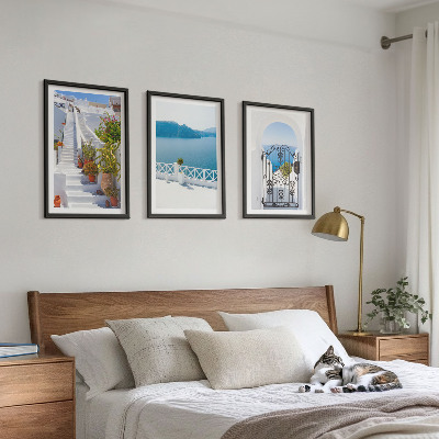 Three-piece wall art piece White stairs plants sea gate