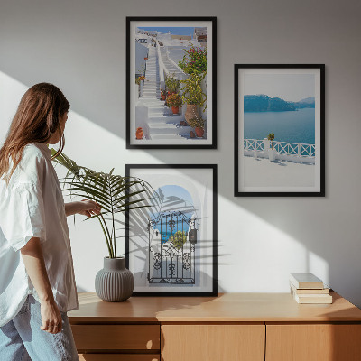 Three-piece wall art piece White stairs plants sea gate