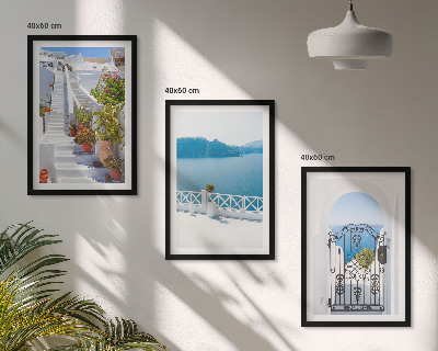 Three-piece wall art piece White stairs plants sea gate