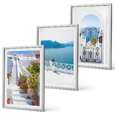 Three-piece wall art set featuring white stairs with plants and a sea gate