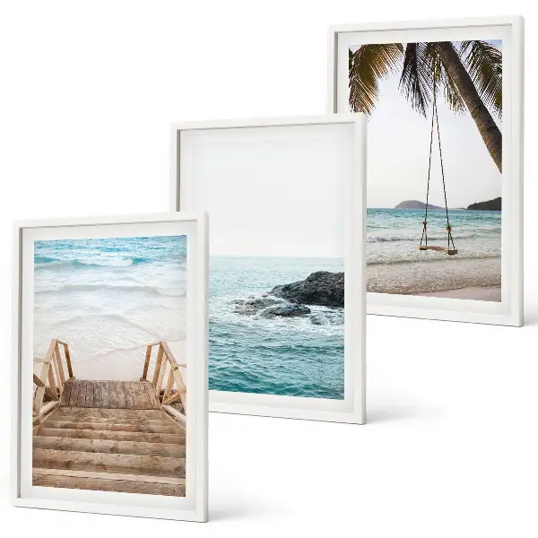 Set of 3 framed wall art pieces featuring a seaside staircase and a beach swing