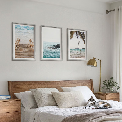 Set of 3 framed wall art pieces Stairs beach sea swing
