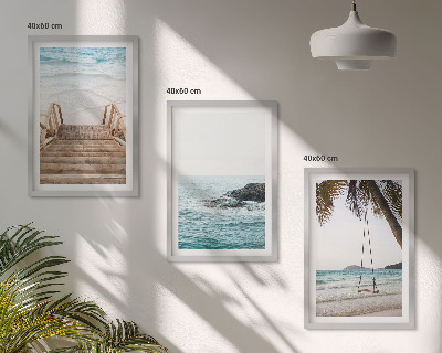 Set of 3 framed wall art pieces Stairs beach sea swing