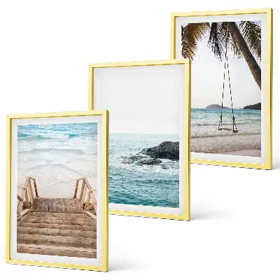 Set of 3 framed wall art pieces featuring a seaside staircase and a beach swing