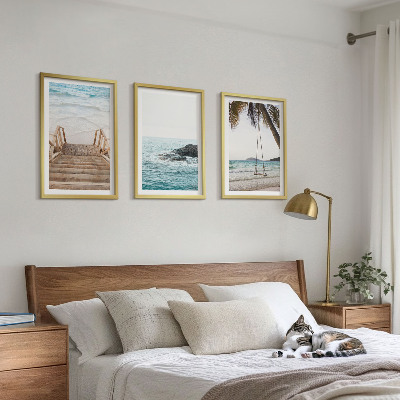 Set of 3 framed wall art pieces Stairs beach sea swing