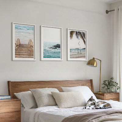 Set of 3 framed wall art pieces Stairs beach sea swing
