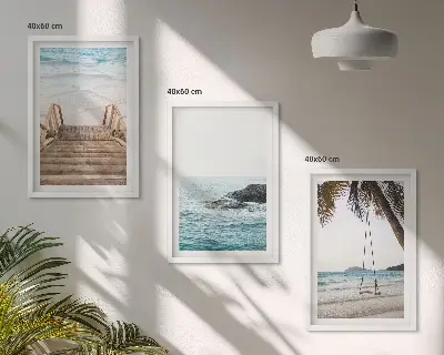 Set of 3 framed wall art pieces featuring a seaside staircase and a beach swing