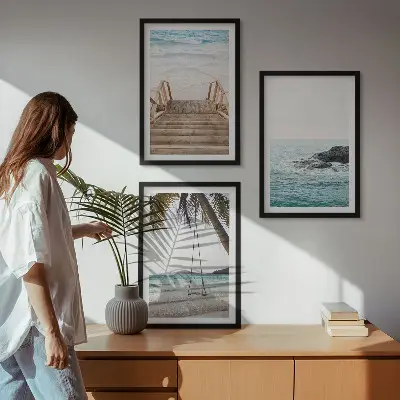 Set of 3 framed wall art pieces featuring a seaside staircase and a beach swing