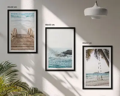 Set of 3 framed wall art pieces featuring a seaside staircase and a beach swing