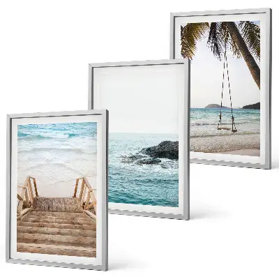 Set of 3 framed wall art pieces featuring a seaside staircase and a beach swing