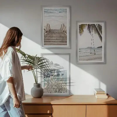 Wall art set Beach wooden stairs swing