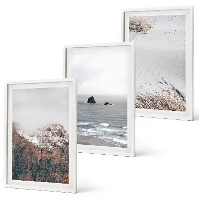 Three-piece wall art set featuring mountains, clouds, sea, and sand nature scenery