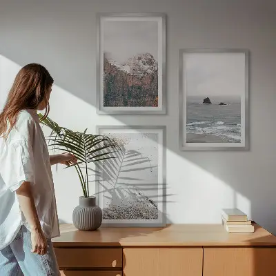 Three-piece wall art set featuring mountains, clouds, sea, and sand nature scenery