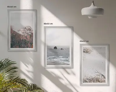 Three-piece wall art set featuring mountains, clouds, sea, and sand nature scenery