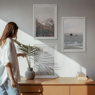 Three-piece wall art set featuring mountains, clouds, sea, and sand nature scenery