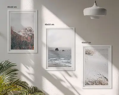 Three-piece wall art set featuring mountains, clouds, sea, and sand nature scenery