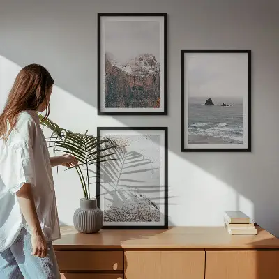 Three-piece wall art set featuring mountains, clouds, sea, and sand nature scenery
