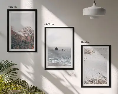 Three-piece wall art set featuring mountains, clouds, sea, and sand nature scenery