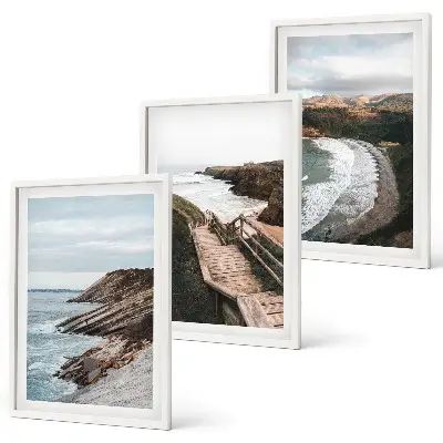 Set of 3 framed wall art pieces featuring cliff views and beach landscapes