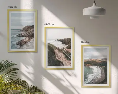 Set of 3 framed wall art pieces featuring cliff views and beach landscapes