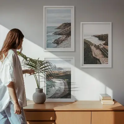 Set of 3 framed wall art pieces featuring cliff views and beach landscapes