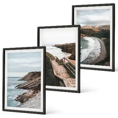 Set of 3 framed wall art pieces featuring cliff views and beach landscapes