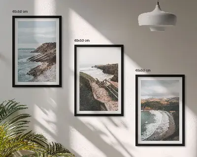 Set of 3 framed wall art pieces featuring cliff views and beach landscapes