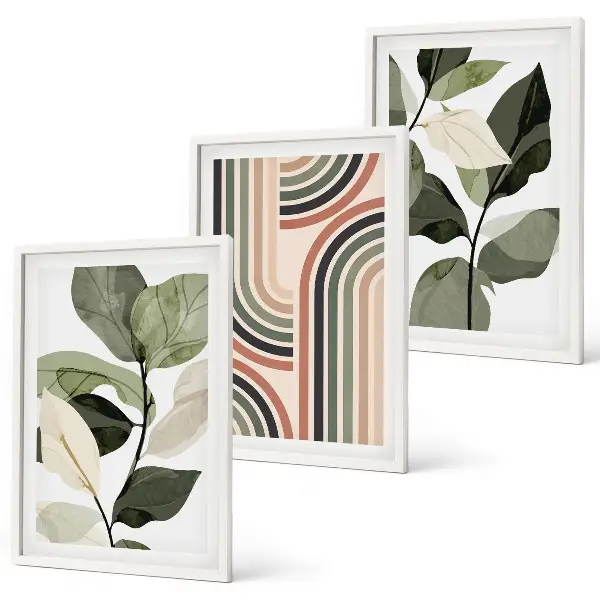 Set of 3 framed wall art pieces featuring geometric plant motifs