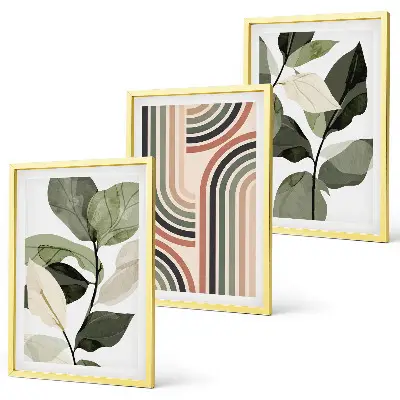 Set of 3 framed wall art pieces featuring geometric plant motifs