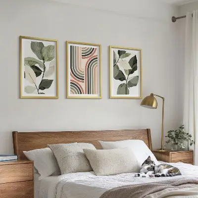 Set of 3 framed wall art pieces featuring geometric plant motifs
