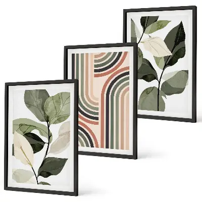 Set of 3 framed wall art pieces featuring geometric plant motifs